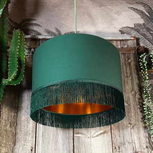 Hunter Green Lampshade with Copper Foil & Green Fringing