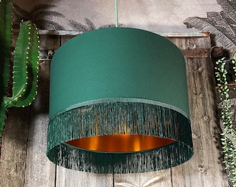 Hunter Green Lampshade with Copper Foil & Green Fringing