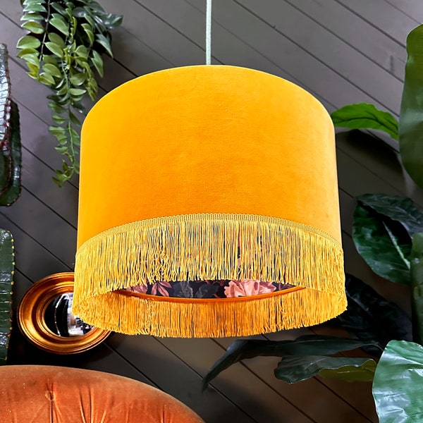 Fire Cracker Midnight Garden Silhouette Lampshade in Butterscotch Velvet & Fringing