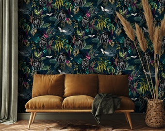 Love Frankie Deadly Night Shade Panther Wallpaper in Midnight Twilight Blue - 10M Rolle / Muster verfügbar