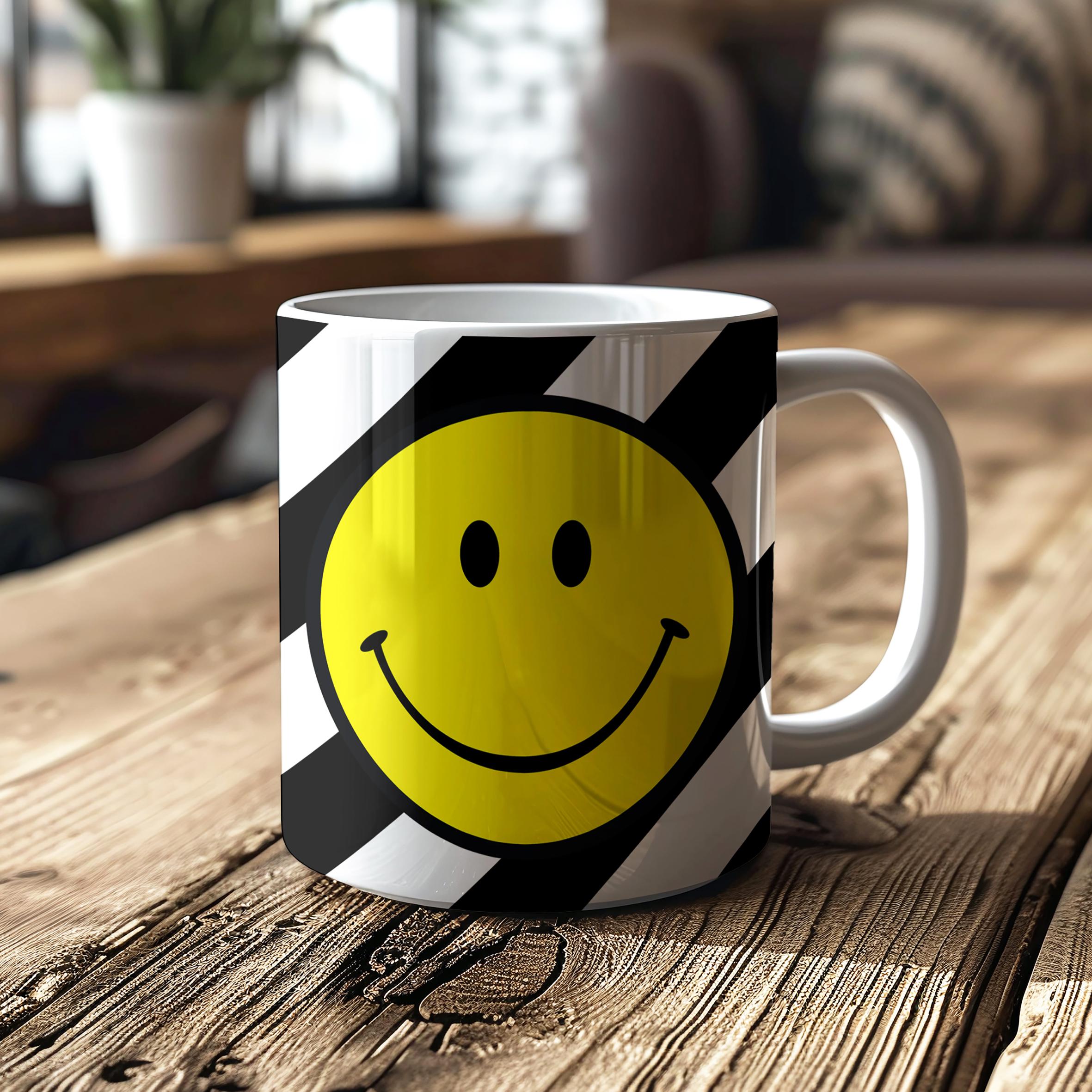 Helter Skelter Diagonal Stripy Smiley Face Ceramic Mugs – 6 Colours available. Rave Culture, Happy Mug, Smiley, Striped Mug.