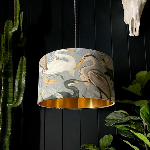Grey Bird Song Heron Handmade Lampshade With Gold Lining