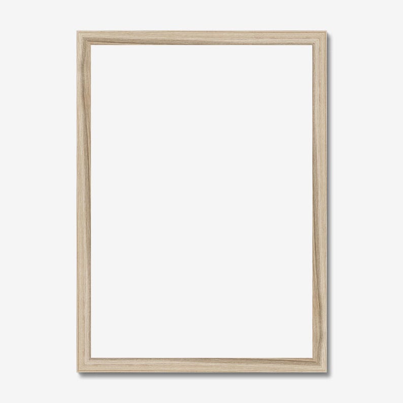 May include: A light wood picture frame with a white background. The frame is rectangular and has a simple design.