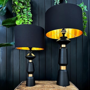 Jet Black Cotton Drum Lampshade With Gold Or Copper Foil Lining. Statement Black and Metallic Made to Order Lampshades