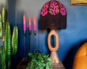 Betty – Vintage Fringed Dome Lampshade in Neon Leopard Velvet | Handmade Soft Shade | Retro Tasselled Lighting | Ceiling or Table Lamp