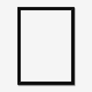 May include: A black picture frame with a white background. The frame is made of wood and has a simple design.