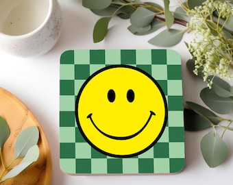 Checkerboard Checkmate Smiley Face Coasters – 6 Colours available. Chequerboard, Rave Culture, Smiley, Happy Coasters, Unique Gift.
