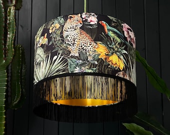 Fools Paradise Velvet Leopard Lampshade With Gold Lining and Black Fringing