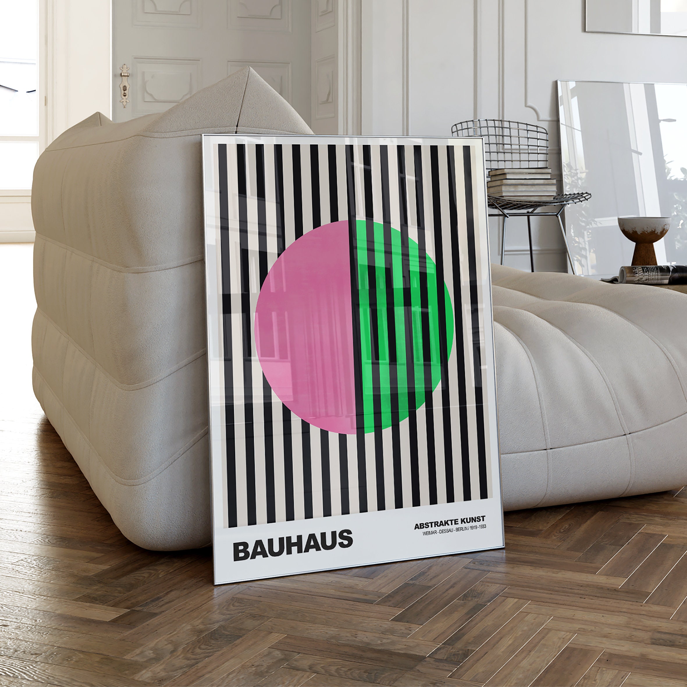 Bauhaus Gestreifter Kreis, Kunstdruck Poster - Rosa und Grün Monochrom, Wandkunst Midcentury Modern, geometrisches Poster