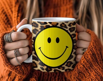 Animal Print Smiley Face Ceramic Mugs, Leopard Print & Tiger Print – 4 Colours available. Jungle Print, Kitchen Decor, Birthday Gift, Smiley