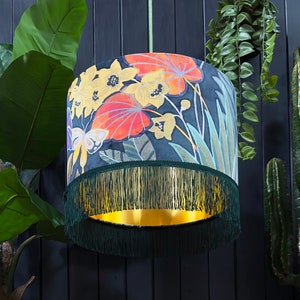 Swallowtail Velvet Lampshade With Gold Lining and Hunter Green Fringing