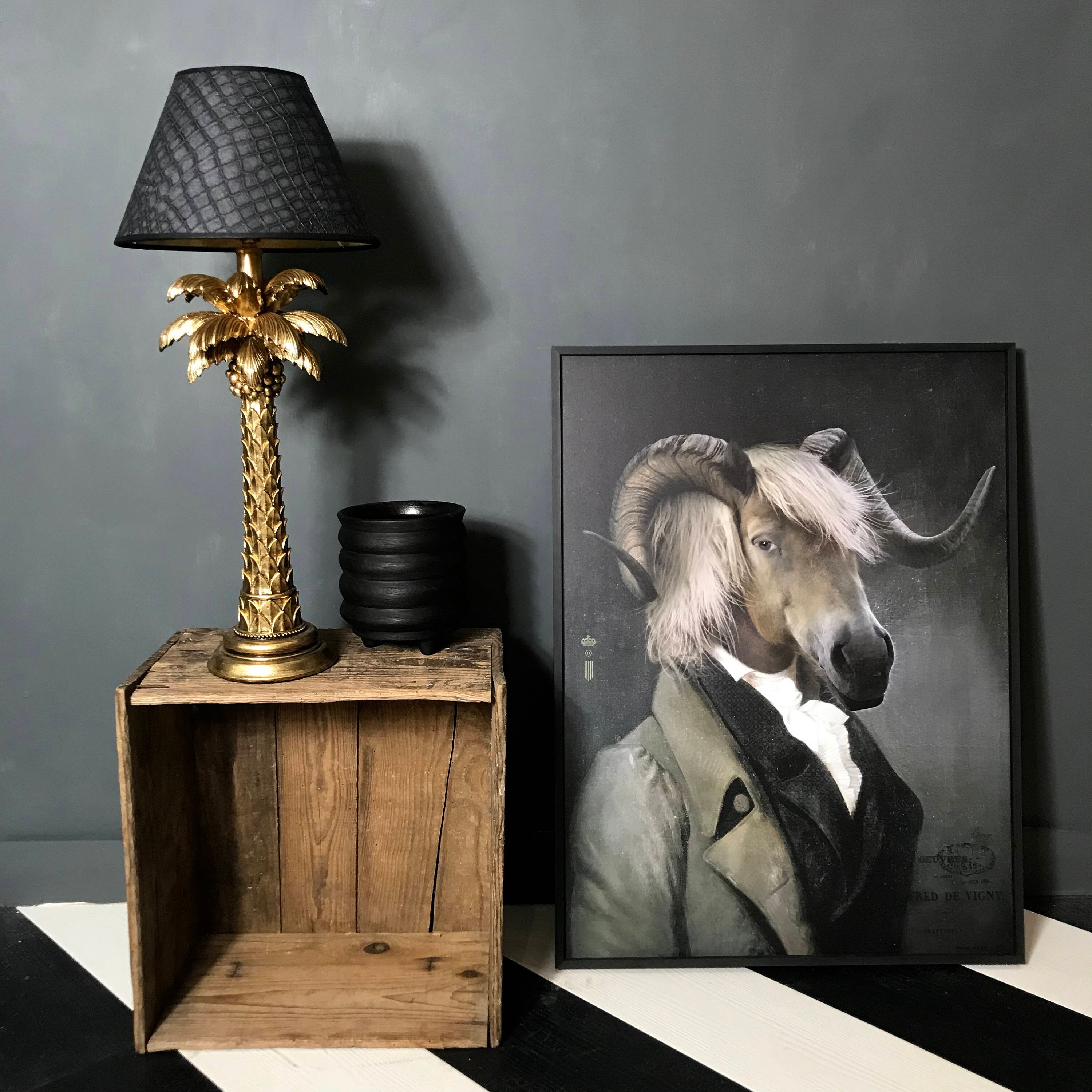 Palm Tree Table Lamp with Mock Inky Black Crocodile Print Velvet