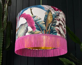 Ice Jungle Lampshade With Gold Lining and Candy Floss Pink Fringing