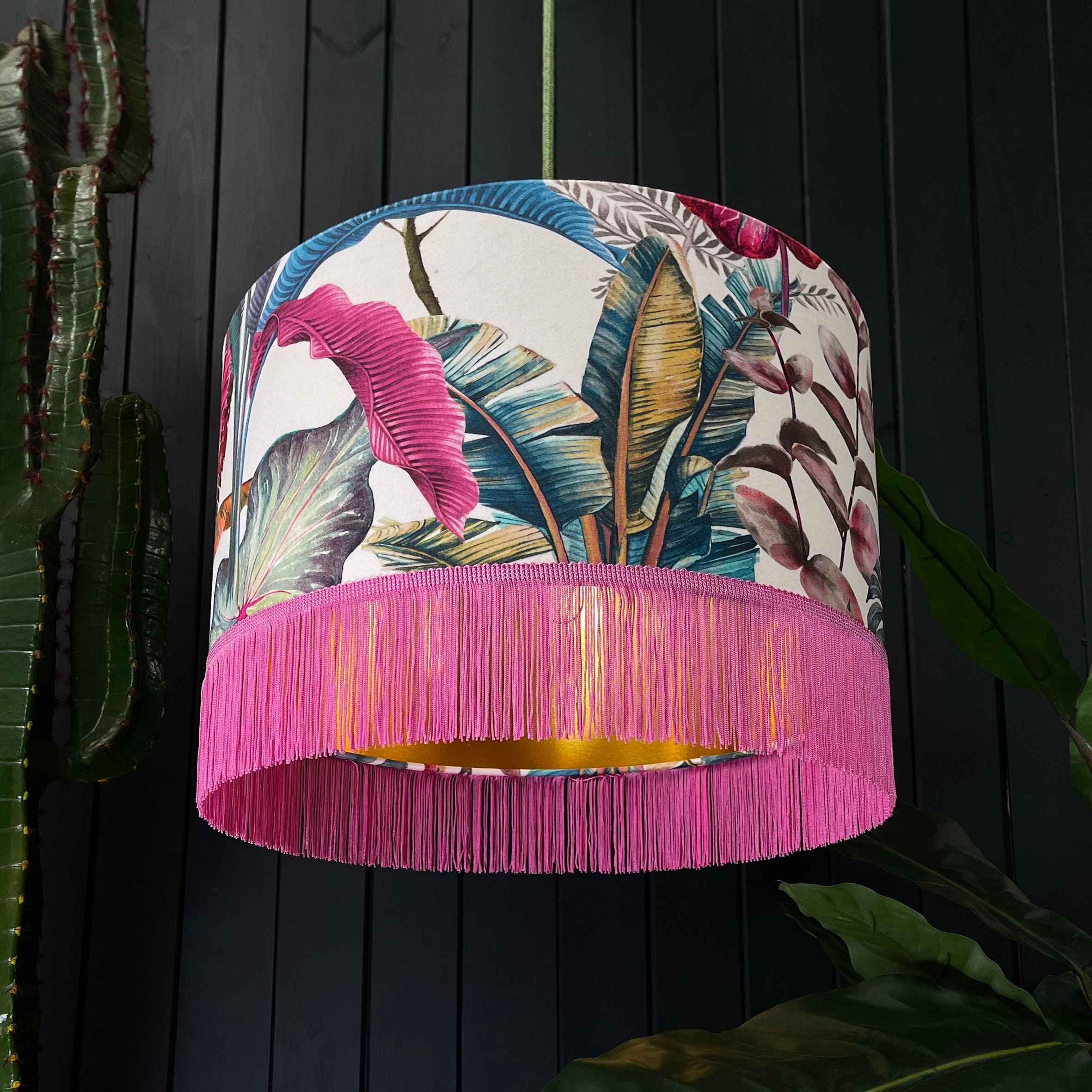 Pink Tropical Ice Jungle Lampshade With Gold Lining and Candy Floss Pink Fringing