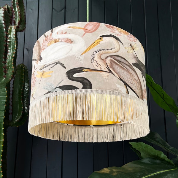 Bird Song Heron Lampshade in Bone With Gold Lining and Fringing