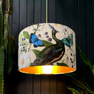 Parchment Mythical Plumes Peacock Velvet Lampshade With Gold Lining