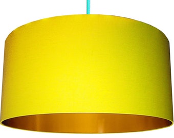Bright Acid Yellow Cotton Lampshade With Gold Lining. Handmade to Order in the UK with 12 different sizes available.
