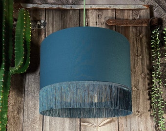 Petrol Blue Lampshade with Gold Foil Lining & Blue Fringing