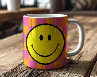 Checkerboard Checkmate Smiley Face Ceramic Mugs – 6 Colours available.  Chequered, Chequerboard, Draughts, Rave Culture, Happy Mug, Smiley.