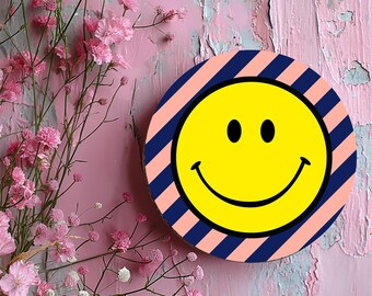 Helter Skelter Diagonal Striped Smiley Face Coasters – 6 Colours available.  Kitchenware, Drinks Coaster, Unique Gift, Smiley, Stripy