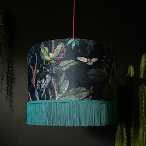 Handmade Fringed Deadly Night Shade Panther Lampshade in Twilight Blue