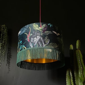 Handmade Deadly Night Shade Fringed Lampshade with Gold Lining in Wild Wood Green