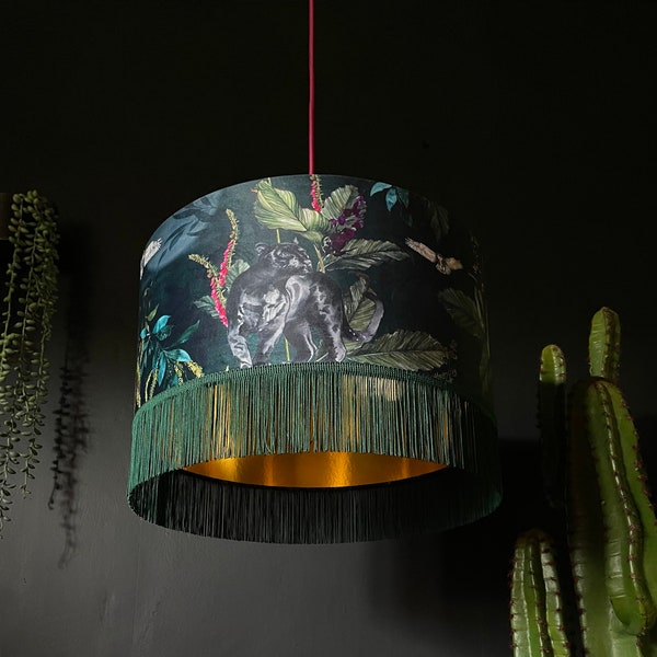 Handmade Deadly Night Shade Fringed Lampshade with Gold Lining in Wild Wood Green