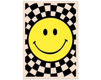 Smiley Kultur Smiley Poster.  Schachbrett Kunst, Rave Kultur, Acid House, Smiley, Monochrom, Galeriewand, Wand-Dekor, Geschenk.