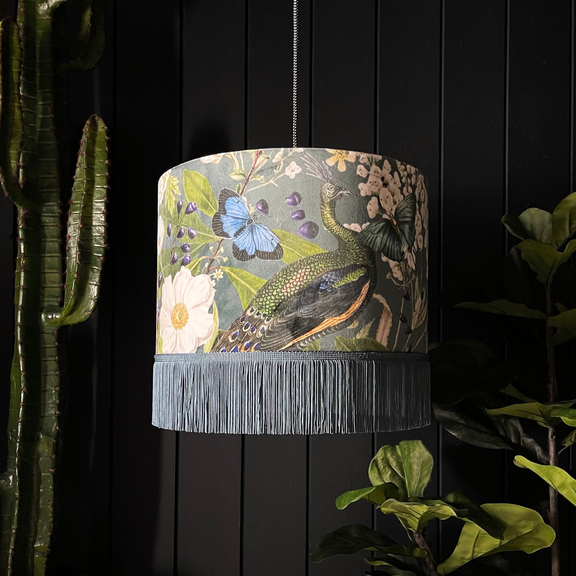 Emerald Mythical Plumes Peacock Lampshade With Fringing