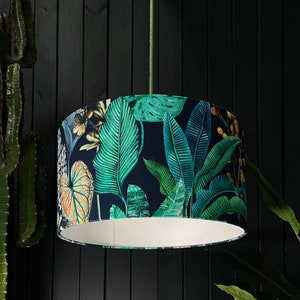 Handmade Rainforest Tropical Jungle Velvet Lampshade in inky Green and Blue
