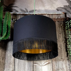 Jet Black Lampshade with Gold Foil Lining & Black Fringing