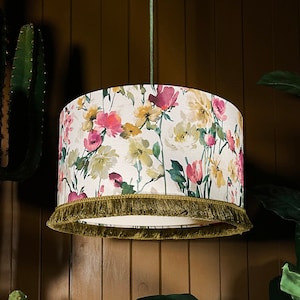 Hazy Meadow Salt Linen lampshade with Olive Green Fringing