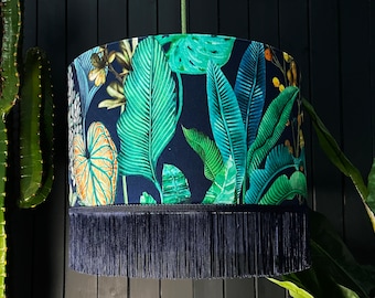 Rainforest Tropical Jungle Velvet Lampshade With Indigo Fringing