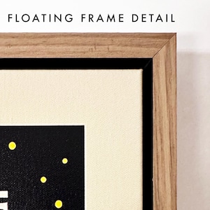 May include: Close-up of a floating frame detail, showing a wood frame with a black inner border and a canvas with a black background and yellow dots.