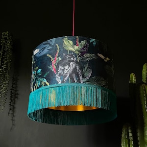 Handmade Deadly Night Shade Fringed Lampshade with Gold Lining in Twilight Blue