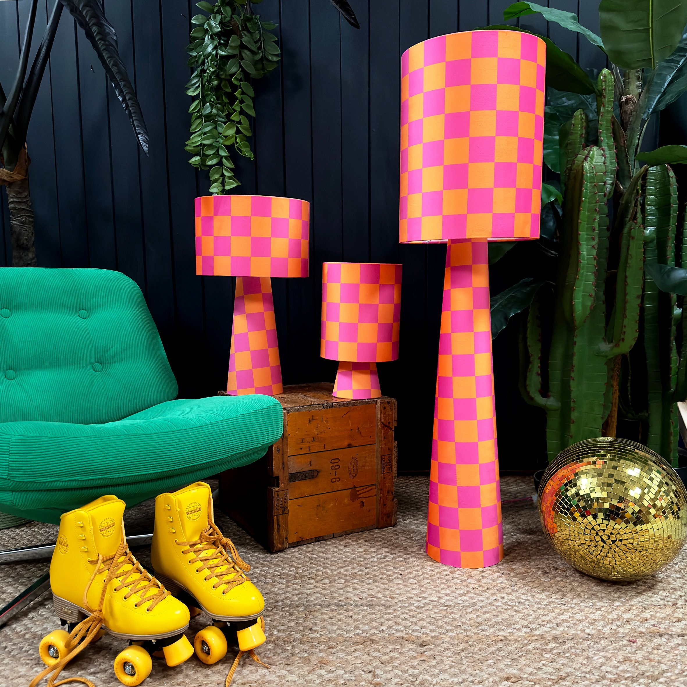 Velvet Checkerboard Portable lamps in Pink & Orange Tutti Frutti. 3 Sizes available with Optional Rechargeable LED Bulb.