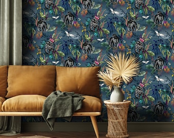 Love Frankie Deadly Night Shade Panther Wallpaper in Inky Smoke Blue - 10M Roll / Samples Available