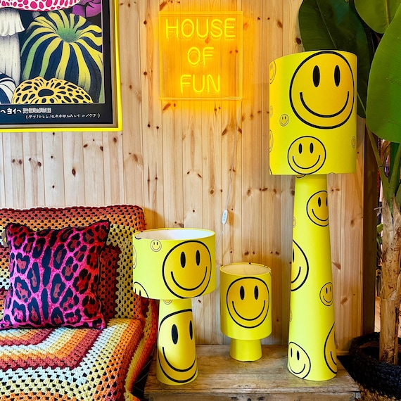 Smiley Face Lamp, Portable Rechargeable Lamp, Acid House Decor, Cordless Table Light, 90s Rave Home Lighting, Unique Gift