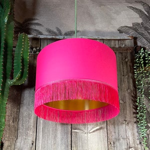 Pomegranate Pink Lampshade with Gold Lining & Pink Fringing