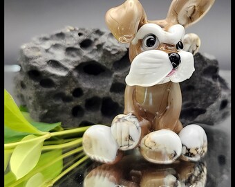 Plush puppy dog character sculptural lampwork glass bead by Lorraine Dowdle