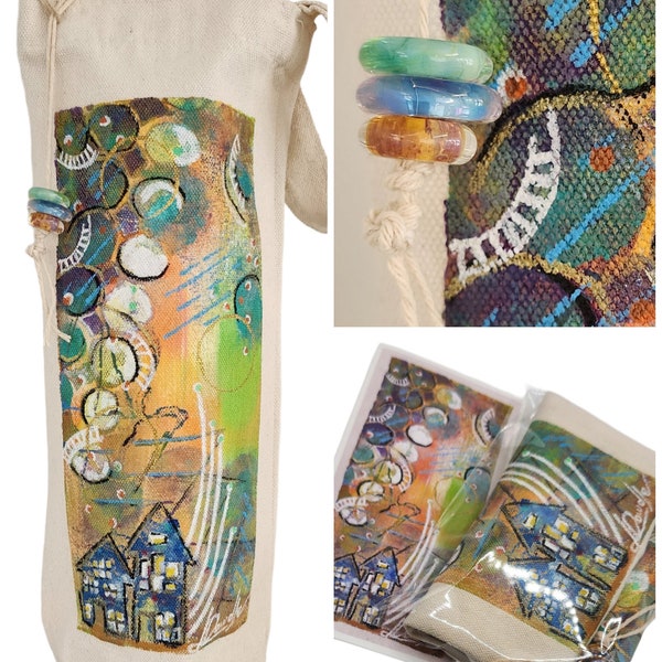 Painted Original Artwork by Lorraine Dowdle. Breathe Series Canvas Wine Tote with Lampwork glass and an empty matching gift card.