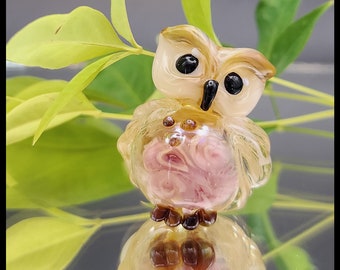 OWL: Lampwork glass fledgling floral owl bead