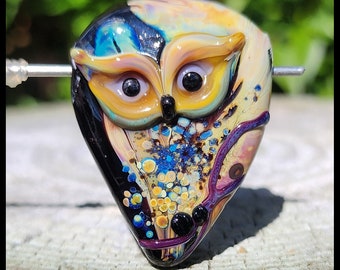 OWL: Lampwork glass statement focal with a HORIZONTAL hole.