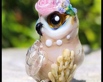 OWL : Lampwork glass vintage impression fledgling with a pink rose flower crown.