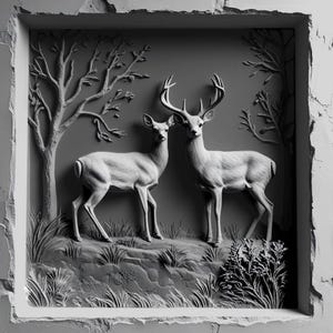 May include: A black and white 3D relief sculpture of two deer in a forest setting. The deer are standing in a clearing with trees and bushes around them. The sculpture is framed in a rough, textured frame.