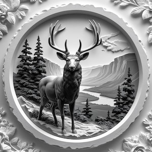May include: A black and white 3D relief sculpture of a deer standing in a forest setting. The deer has large antlers and is facing forward. The background shows a river winding through a valley with mountains in the distance.