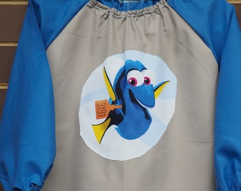 Back to school kids art smock, long sleeve waterproof front, child's craft apron for boy. Dory.