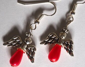 Red and silver angel earrings, silver hooks, Christmas dangle earrings, red pearl.