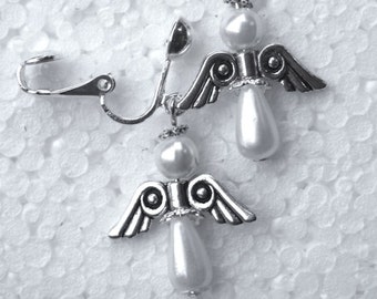 Angel earrings, silver clip on with white pearl beads.