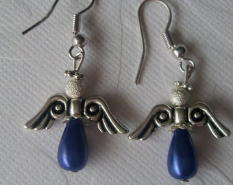 Silver and blue Christmas angel earrings